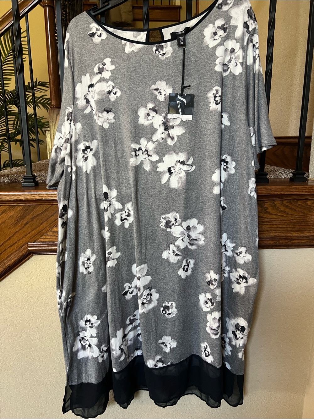 Grey Floral Chiffon-sleep shirt  - 2X